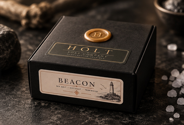 Product mockup of a black Holt Beacon soap box with a gold monogram seal and lighthouse label.