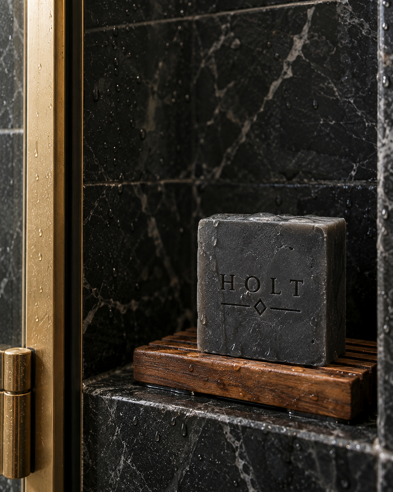 Dark Holt soap on a wooden tray in a black marble shower
