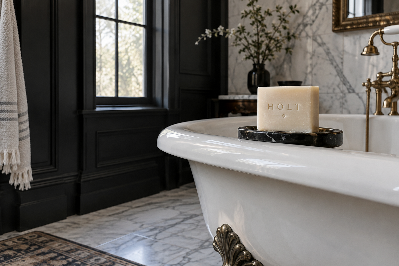 Ivory Holt soap on a black marble tray resting on a claw-foot bathtub in a marble bathroom
