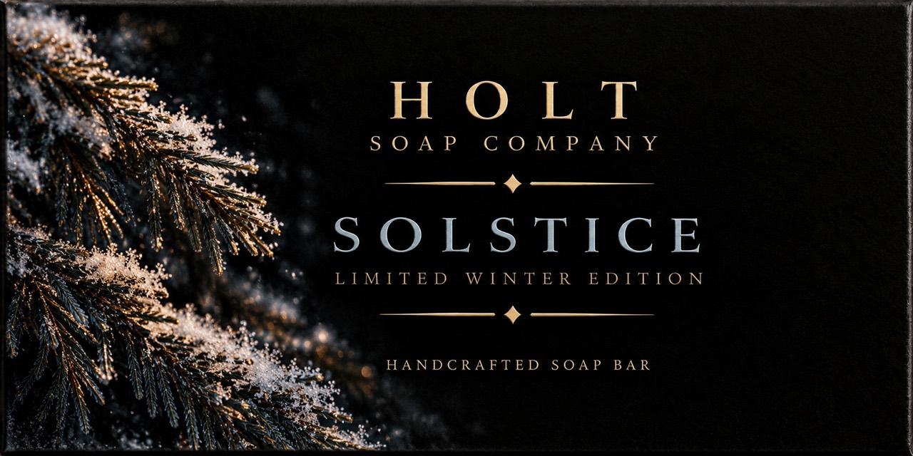 Holt Solstice limited winter edition label, with snow-dusted evergreen branches and gold lettering.